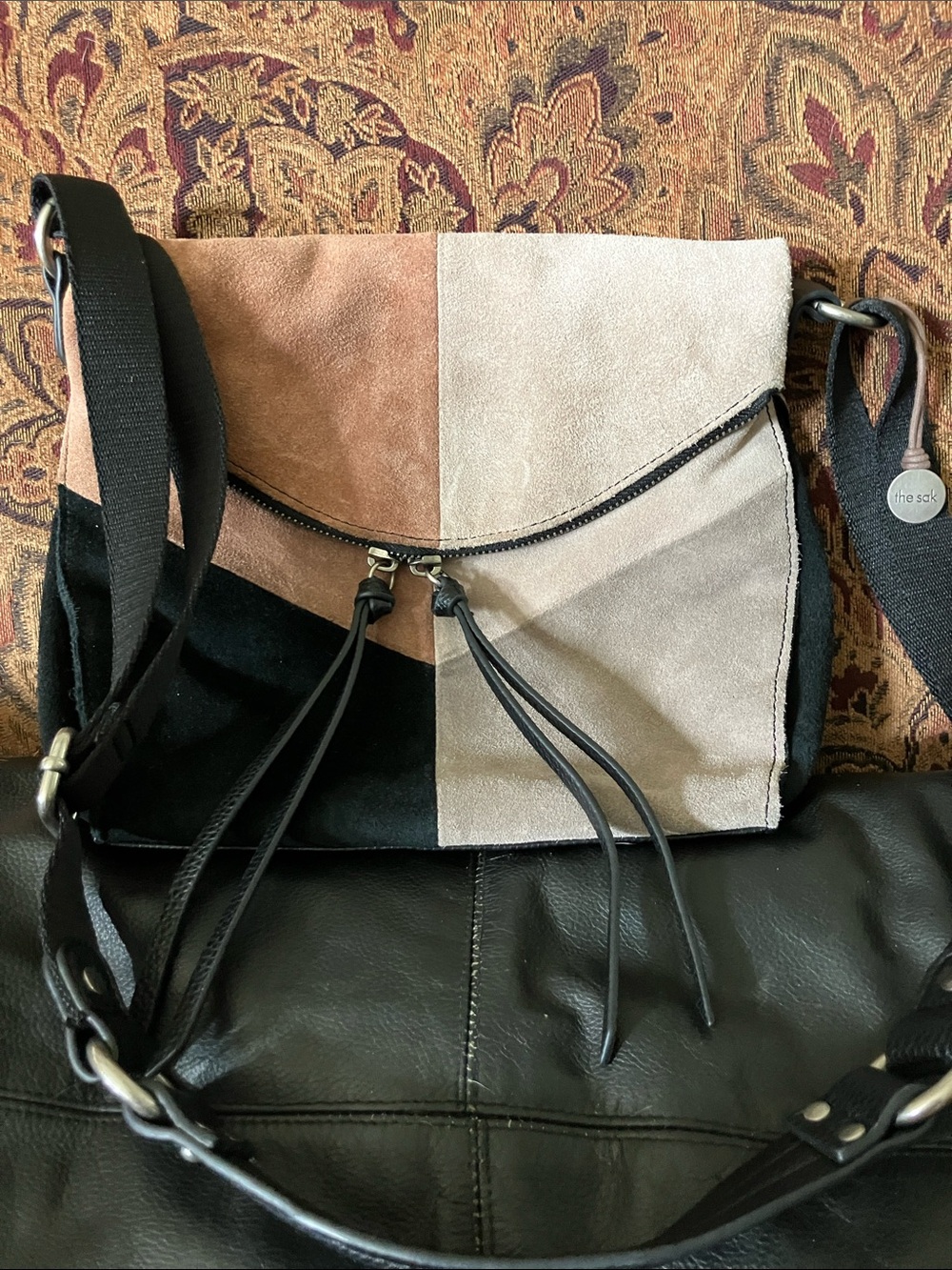 The Sak Colorblock Suede Crossbody in Black, Tan & Cream